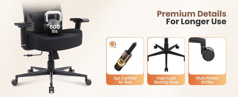 600lbs Big and Tall Office Chair with Adjustable Lumbar Support,Ergonomic Heavy Duty Office Chair for Heavy People,Mesh Desk Chair with Wide Seat for Home