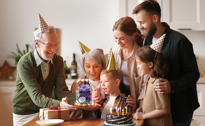 Dsuto Forever Fresh Flowers Bouquet in Glass Dome with Light, Preserved Purple Roses Gifts for Women on Birthdays, Anniversaries, Christmas, Valentine’s Day & Mother’s Day