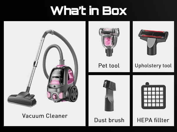 PKUYIE Canister Vacuum Cleaner, 40Kpa 1600W Cyclon Power, Dust Full Indicator, Double HEPA Filters, 3.7Qt Large Capacity, Lightweight Vac for Hard Floors, Carpets, Pet Hair, Pink