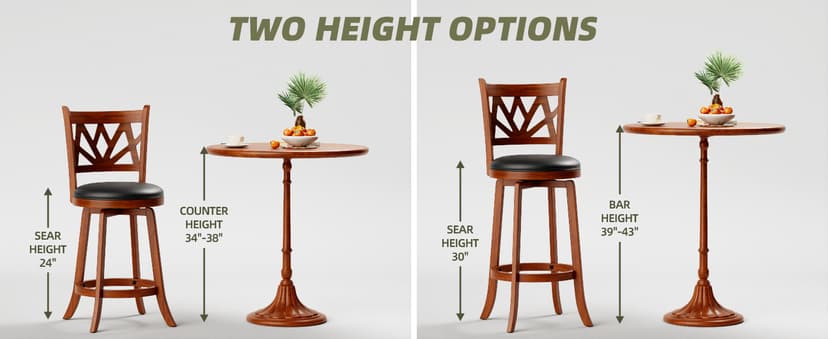 Swivel Barstools Set of 4, Farmhouse 24" Counter Height Bar Stools with Backs, Lotus Pattern Carved Bar Chair with Solid Wood Legs & Footrest for Kitchen Island, Home Bar, Pub. Brown