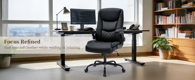 Office Chair, Executive Leather Office Chair with Lumbar Support & Flip-up Armrests, Ergonomic Adjustable High Back Swivel Chair with Rocking Function (Black)