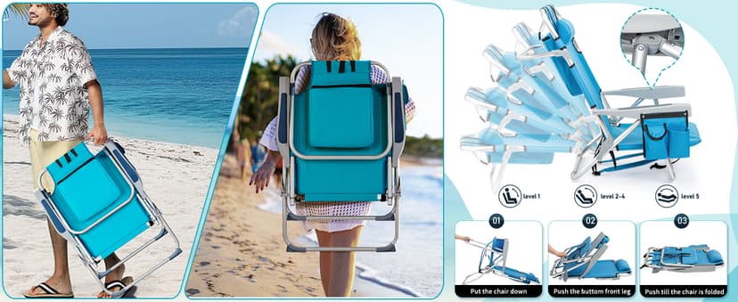 Outvita Backpack Beach Chair, 5 Level Adjustable Positions Beach Chair with Back Storage Bag, Cooler Pouch and Side Bags for Beach Poolside Lawn