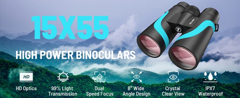 15x55 UHD Binoculars for Adults – High Powered Large View, BAK4 Prism, Waterproof & Lightweight for Bird Watching, Hunting,Hiking, Travel, Cruise, Sports with Phone Adapter (Blue)
