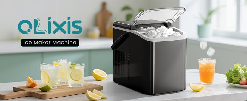 OLIXIS Ice Maker Machine with Handle,26lbs in 24Hrs,9 Ice Cubes in 6 Mins,Auto-Cleaning Portable Ice Maker with Basket and Scoop, Countertop Ice Maker for Home/Kitchen/Camping/RV, Sleek Black