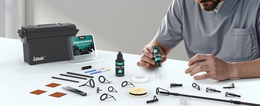 Ailiaili Fishing Rod Repair Kit - 3-IN-1 Fishing Pole Complete Supplies Kit for Rod Tips, Fishing Rod & Guide Eyelets Replacement, with Epoxy Glue, Wrapping Thread and Other Fishing Accessories & Gear