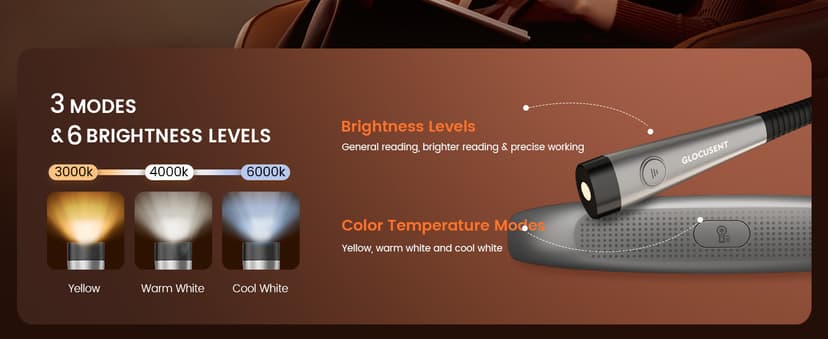 Glocusent Book Light, 3-Color & 6-Brightness Reading Light, Bendable Neck Light, 80-hr Lasting Rechargeable Book Light, Perfect Reading Lights for Books in Bed, Knitting, Repairing, Book Lovers Gifts