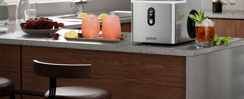 Kismile Nugget Ice Makers Countertop,Portable Ice Machine with Crushed Ice, 35lbs/Day,Self-Cleaning,One-Click Operation for Home Use(Stainless Steel Silver)
