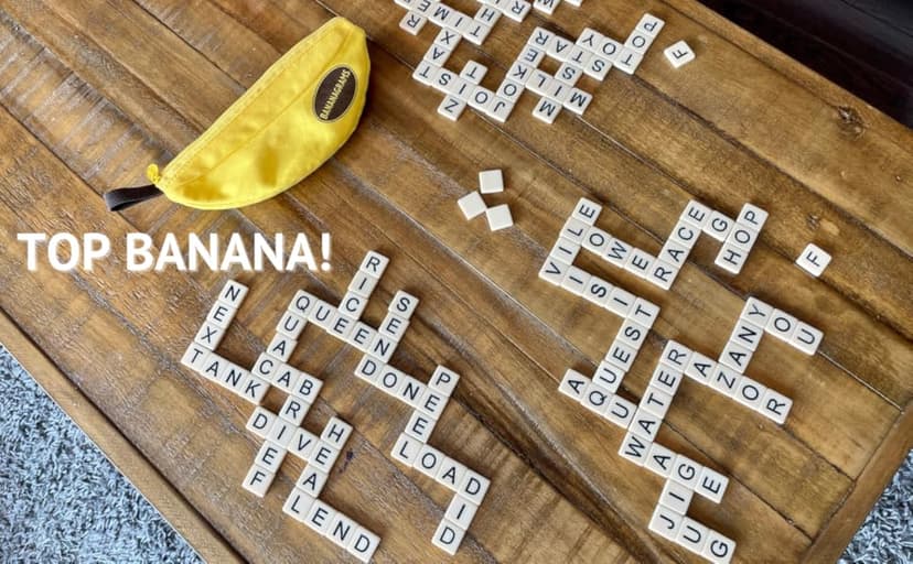 Bananagrams Classic Word Game – Fast-Paced Spelling & Anagram, Family & Travel Game , 144 Letter Tiles in Portable Banana Pouch, 1–8 Players, Educational Wordplay Fun for Ages 7+