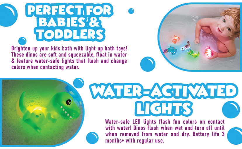 Tub Works® Dinos™ Dinosaur Light Up Bath Toys, 6 Pack | Water-Activated Light Up Toys Flash & Change Color | Easy-Grip Baby & Toddler Bath Toys | Sensory Bath Lights Watertight Bathtub Toys