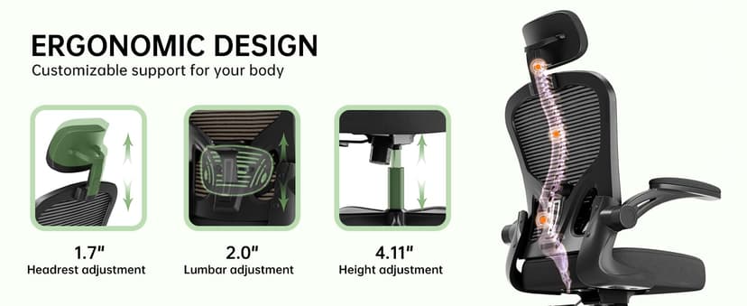 Office Chair Ergonomic Desk Chair, 330LBS Capacity, High Back Computer Chair for Long Hours Comfortable, Rolling Swivel Executive Task Chair for Home Office with Flip-up Armrests, Black