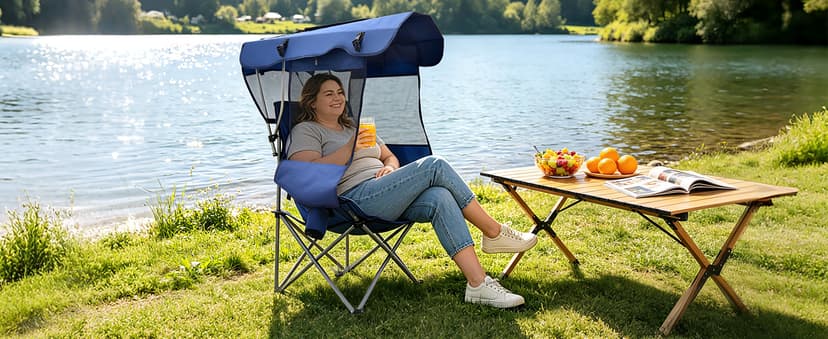 East Oak Oversized Camping Chair with Canopy | 400 LBS Heavy Duty Folding Beach Chair with Canopy Shade, Roomy Seat, Full Sun Protection, Ample Storage | Canopy Chair for Outdoors