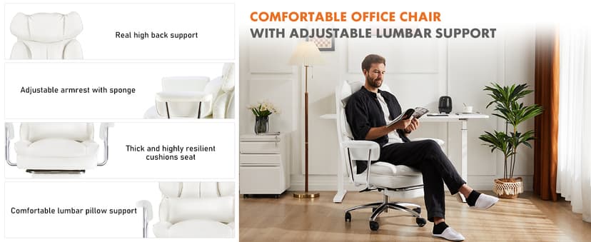 Sweetcrispy Executive Home Office Desk Chair - Ergonomic Big Tall High Back with Footrest & Lumbar Support, Reclining Height Adjustable, Comfy PU Leather Computer Gaming with Swivel Wheels, White