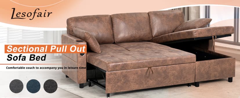 Lesofair 84" L-Shape Pull Out Sofa Bed with Adjustable Backrest, Upholstered Sectional Sleeper Sofa with Storage Chaise, Suede Leather Reversible Couch Bed with USB Port for Living Room, House, Brown