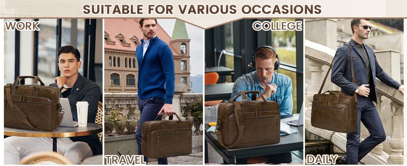 RAINSMORE Mens Laptop Bag 16 Inch Leather Briefcase Vintage Messenger Bag for Men Large Crossbody Shoulder Office Computer Bag Retro College Satchel Bag for Work, Business,Travel, Brown