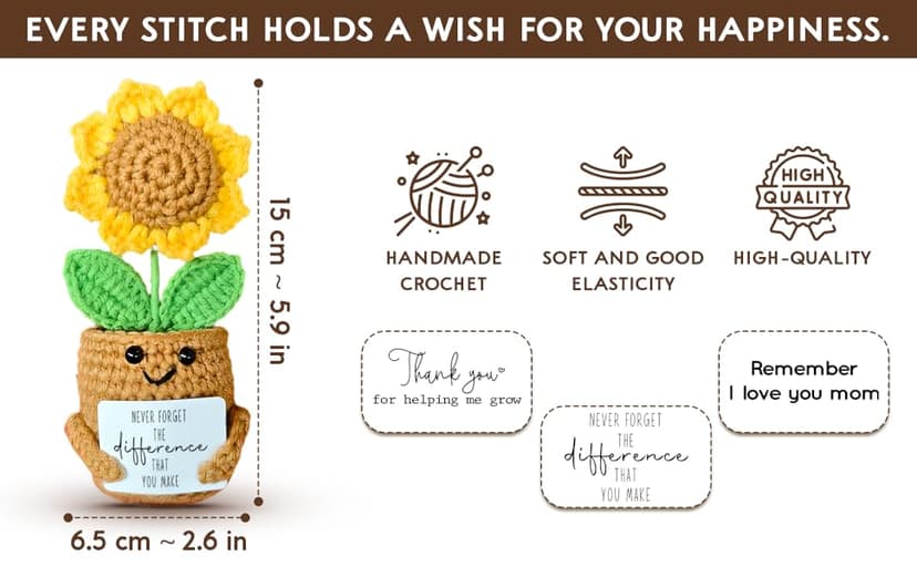 Mini Sunflower Mom Gifts from Daughter Son Kid, Handmade Crochet Mothers Day Christmas Birthday Gift with Card, Remember I Love You Mom, Positive Emotional Present, Cute Small Stuff Things