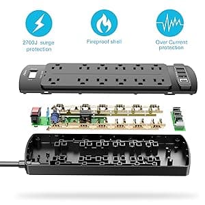 Power Strip, ALESTOR Surge Protector with 12 Outlets and 4 USB Ports, 6 Feet Extension Cord (1875W/15A), 2700 Joules, ETL Listed, Black