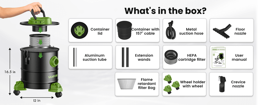 VANPORE Ash Vacuum Cleaner 5.2 Gallon with 1200w Suction Power&Wheeled Base, Ash Vacuum for Pellet Stoves, Fireplaces, Grill, Wood Stove, Fire Pits,Green