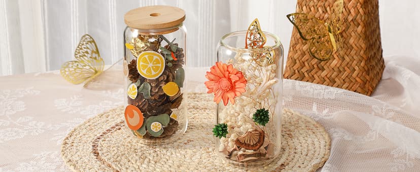 Drinking Glasses with Bamboo Lids and Glass Straw 4pcs Set - 16oz Glass Cups, Iced Coffee Glasses, Cute iced Tea Glasses, Beer Glasses, Ideal for Coffee Bar Accessories, Aesthetic Gift - 2 Brushes