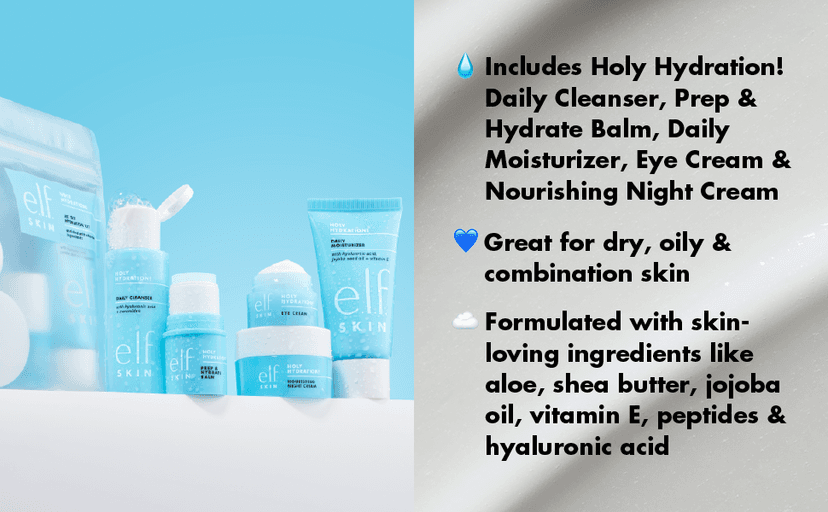 e.l.f. SKIN Holy Hydration! Jet Set Hydration Kit, Travel Friendly Hydrating Skincare Set, Face Cleanser, Balm, Moisturizer, Eye Cream & Night Cream, Vegan & Cruelty-Free