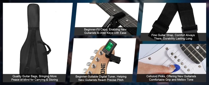 RVONE RST-150 39”Beginner Electric Guitar Kit with Amplifier, Classic HSS Pickup, Electric Guitar with Gig Bag, Capo, Strap, Extra Strings, Digital Tuner, 3 Picks, Cleaning Cloths (1-Blue)