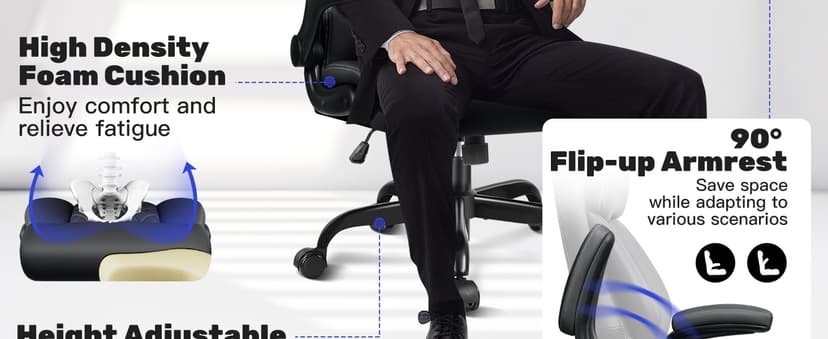 High Back Executive Office Chair - Ergonomic Computer Desk with Rocking Function, Leather Managerial with Adjustable Flip-Up Armrests and Lumbar Support