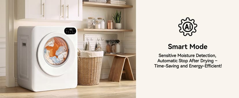 Euhomy 1.5 Cu.Ft Portable Clothes Dryer, 850W Clothes Dryer with Stainless Steel Drum, 4 Functions, LED Control, Drying Machine for Apartments, Laundry, Dorm, Small Space, White