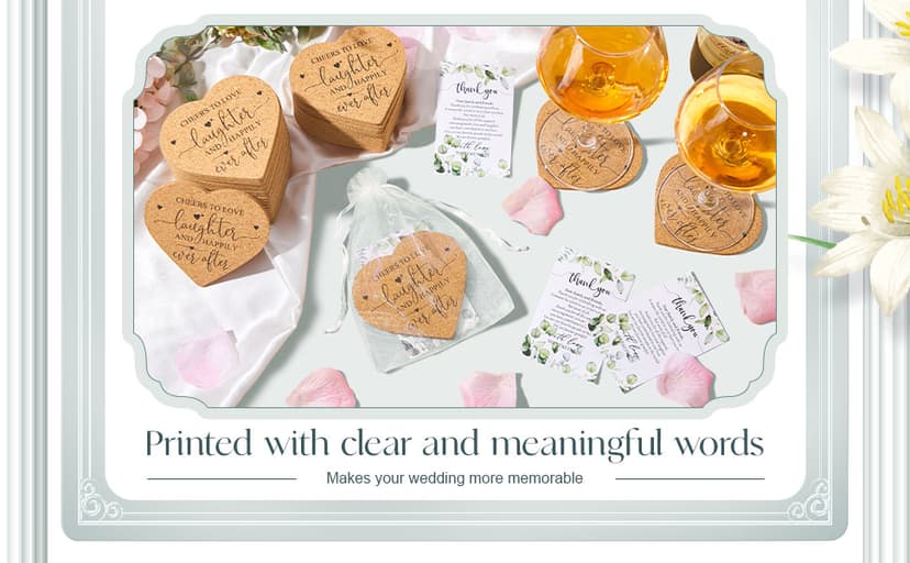 Uiifan 50 Set Wedding Favors for Guest Coaster Gifts Bulk Heart Shaped Coasters Thank You Cards Organza Bags Guest Souvenirs for Wedding Party Bridal Favors