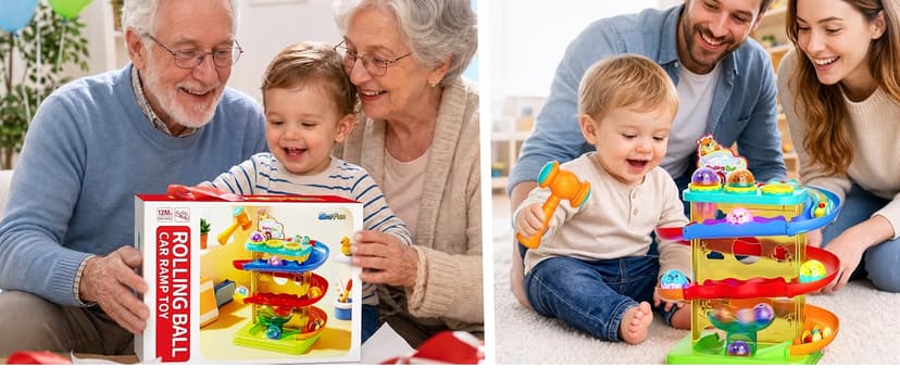 Hammer Rolling Ball, Launch and Race Car-Cause and Effect Sensory STEM Learning Toys for 1-5 Year Old Boys & Girls 2-in-1 Ball Drop & Car Ramp Race Track Montessori Toy for Toddlers Ages 1-5 B0FLDB14N8