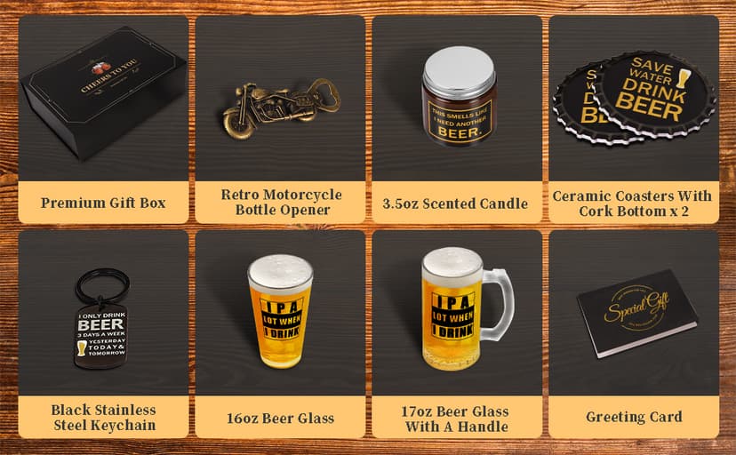 Beer Gifts for Men, Gift Basket for Beer Lovers, Gifts Box for Dad Husband Boyfriend Grandpa, Anniversary Wedding Birthday Gifts for Him incl. Beer Glass Bottle Opener Coaster Keychain