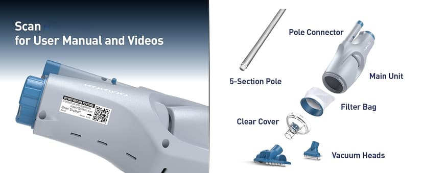 KOKIDO Rechargeable Handheld Hot Tub Spa Pool Vacuum, IPX8, Aluminum Pole and 2 Brush Heads, Cordless, Ideal for Light-Duty Spot Cleaning Spas and Small Pools up to 20ft, 60-min, Sand and Debris XV110