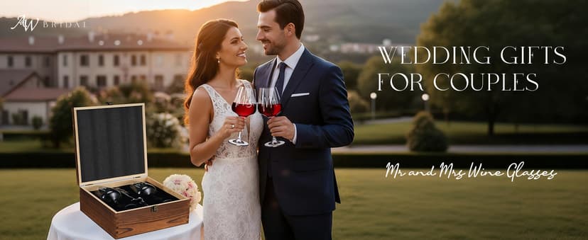 AW BRIDAL Wedding Gifts Bridal Shower Gifts Engagement Gift for Couples Newlyweds Mr & Mrs Wedding Wine Glasses Set of 2 - Wine Opener Wine Stopper with Engraved Wooden Keepsake Box