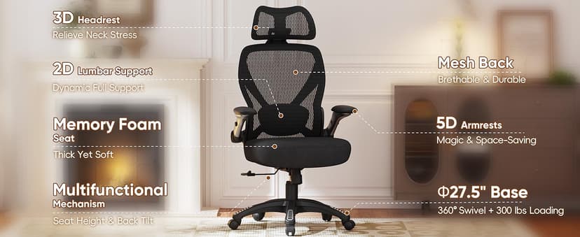 GABRYLLY Ergonomic Office Chair, Big and Tall Mesh Chair with Adjustable Lumbar Support, 5D Arms & Wide Seat, 135° Recline Home Desk Computer Chairs for Work Gaming, Heavy Duty,400LBS - Black