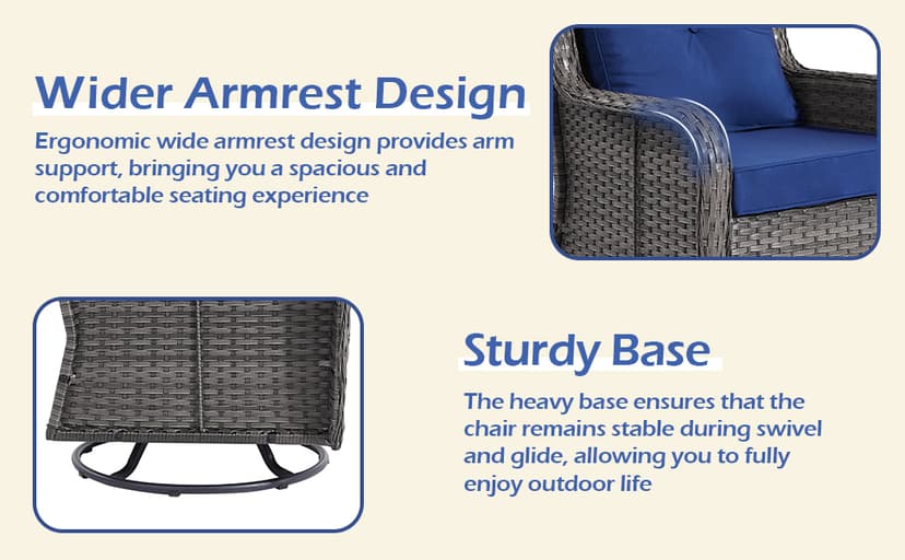 Wumiokio Patio Furniture Sets, 3 Pieces Wicker Outdoor Furniture - 360 Degree Swivel Rocking Chairs and Rattan Side Table for Garden,Porch,Backyard (Grey Wicker/Blue Cushion, 3PCS - Swivel Chairs)