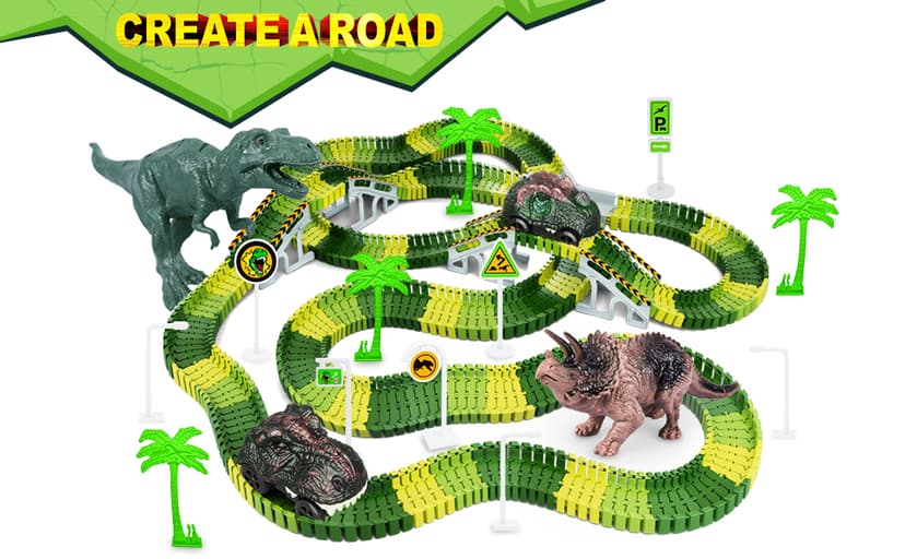 Dinosaur Toys,Create A Dinosaur World Road Race,Flexible Track Playset and 2 pcs Cool Dinosaur car for 3 4 5 6 Year & Up Old boy Girls Best Gift