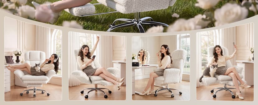 HOMRELEXA Big and Tall Office Chair, Flip Armrests for Pets & Cross Legged Sitting, Executive Ergonomic Computer Gaming Chair with Foot Rest, White Rose Velvet Wide Seat Reclining Desk Chair