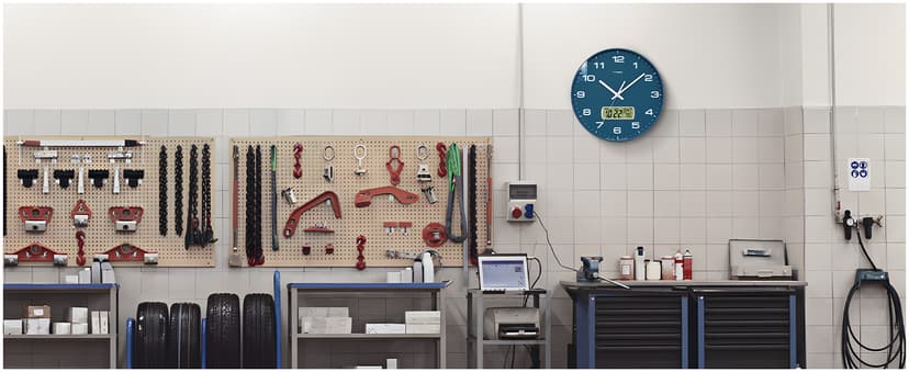 TIMESS Wall Clock, 12" Dial Non-Ticking Silent Battery Operated Analog with LCD Display for Perpetual Calendar and F° Temperature, Ideal Modern Home, Bedroom, Kitchen, Office Decor (Blue)