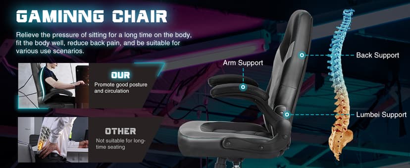 DUMOS Ergonomic Computer Gaming Chair with Flip-up Armrest, Height Adjustable PU Leather Home Office Desk Chair with Lumbar Support Swivel Wheels and for Adults and Kids, Black and Gray