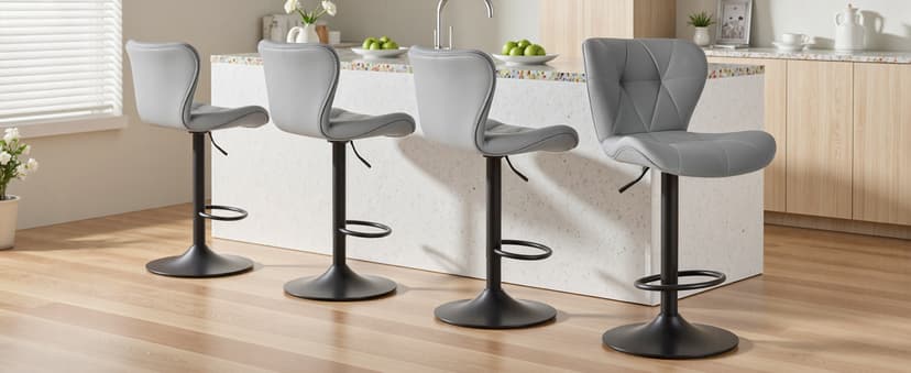 Sweetcrispy Modern Bar Stools Set of 4, Adjustable Faux Leather Upholstered Swivel Bar Stools, Counter Height Bar Chairs with Back for Kitchen Island, Grey
