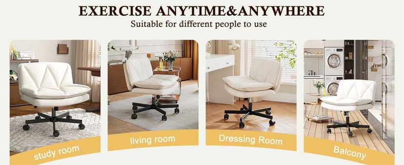 DurayLoly Criss Cross Chair with Wheels, Cross Legged Office Chair, Armless Wide Vanity Desk Chair with 2 Layer Scratch-Resistant Pu Leather Swivel for Home Office Bedroom,Beige