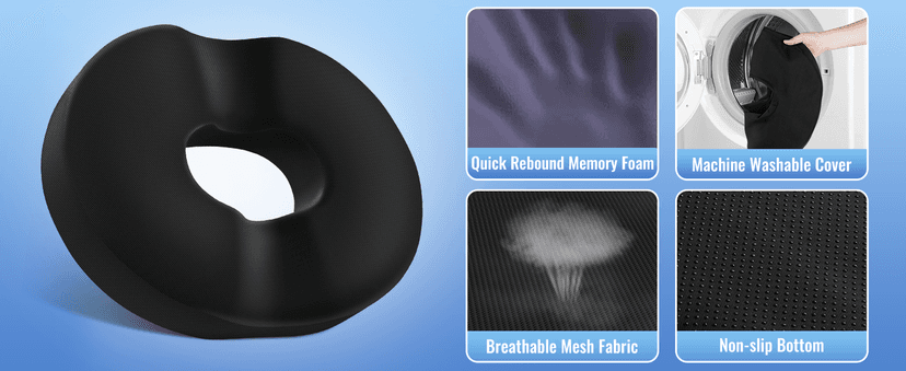 Donut Pillow Seat Cushion Chair Pad for Tailbone Pain Relief and Hemorrhoids, Memory Foam Seat Chair Cushion for Postpartum Pregnancy, Seat Cushions for Men and Women for Home & Office, (Black)