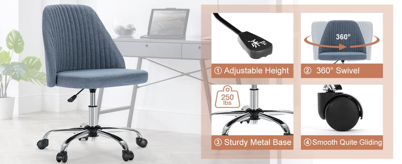 DUMOS Office Chair, Comfy Desk Chair Rolling Vanity Swivel Task Chairs with Wheels, Wide Seating Armless Height Adjustable Computer Chairs for Home,Bedroom,Student,Adults, Blue
