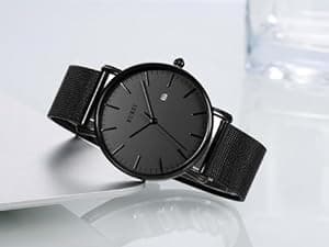 BUREI Men Watches Brown Leather Fashion Minimalist Wrist Watch Simple Ultra Thin Waterproof Quartz Watches All Black Stainless Steel Mesh Band,Gift for Men Women