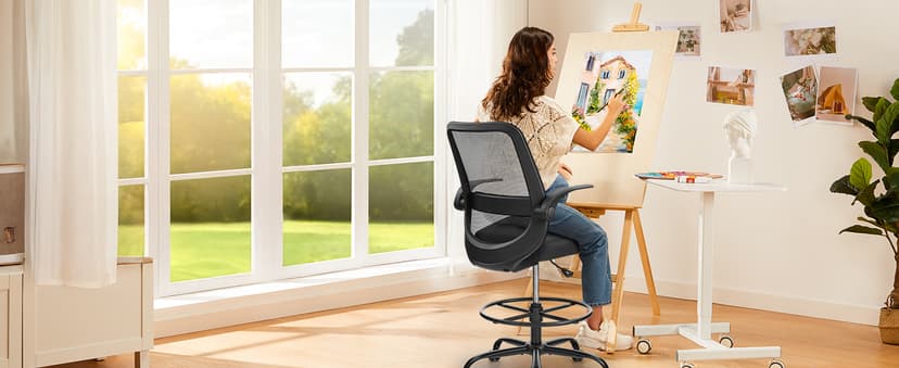 Drafting Chair for Standing Desks, 500LBS Capacity Tall Office Chair with Adjustable Height, Foot Ring, Flip-Up Armrests, Thick Curved Seat for Home Office, Drawing, and Creative Work