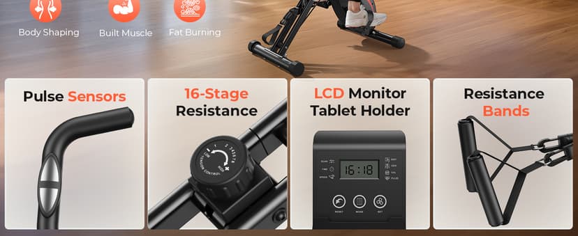 Pleny Folding Exercise Bike, 5 IN 1 Stationary Bikes for Home 6.6 LBS Flywheel, 330LB Weight Capacity Back Support Cushion Indoor Workout Cycling Bike for Home Gym