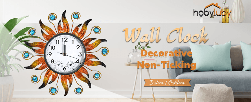 HOBYLUBY Sun Outdoor Clock with Thermometer and Hygrometer Combo, Silent No-Ticking Outdoor Wall Clock, Waterproof Quartz Clock for Patio, Living Room, Kitchen, Garden, 13 Inch