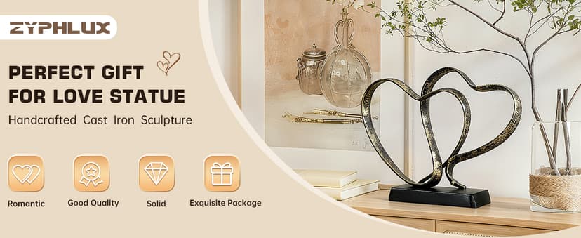 Anniversary Wedding Gifts for Couple - Two Hearts and Cross Iron Sculpture, 1st to 50th for Her and Him,Decorative Hearts Statue Includes Present Box and Poem Card