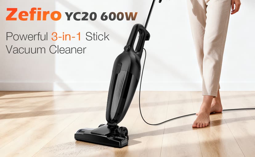 Zefiro 600W 28kpa Small Corded Stick Vacuum,16Ft Corded Handheld Vacuum Cleaners for Home, Hard Floor, Carpet, Pet Hair,Dorm,RV