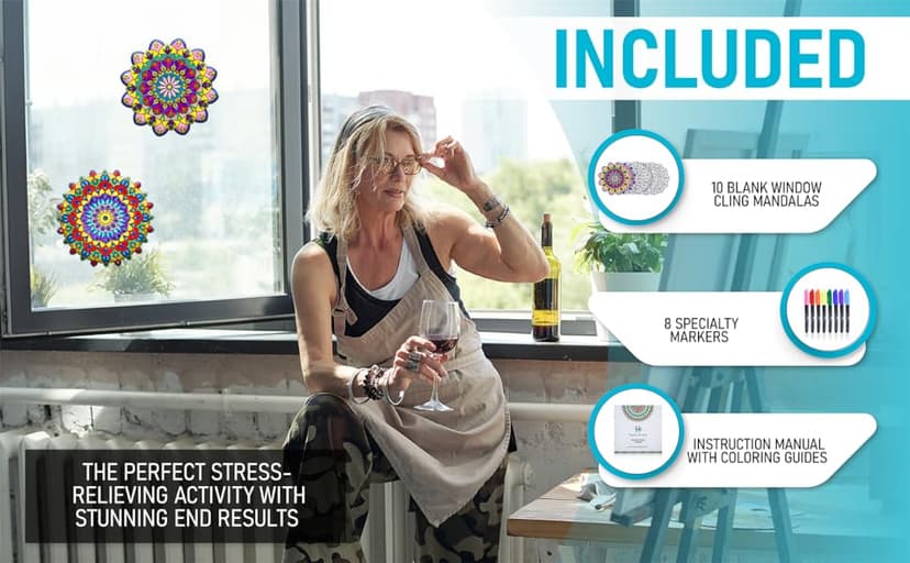 Hula Home Stained Glass Mandala Art Kit - DIY Window Clings with Markers, 10 Suncatchers - Perfect Hobby for Adults, Kids, Teens & Seniors - Ideal Gift for Beginners, Women & Elderly