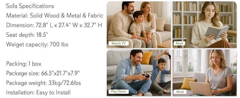 STHOUYN 72" W Faux Leather Black Sofa 3 Seat Couch, Modern Comfy Couch with 2 USB, Small Couches for Living Room Apartment Bedroom Small Spaces, Office(Black (Sofa))