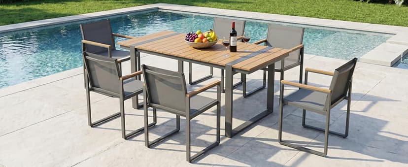 Outdoor Dining Set, HDPS + Aluminum Patio Table and Chairs Set with U-Shaped Base, 7 Piece Outdoor Furniture Set with Umbrella Hole, Patio Dining Table Set for Garden, Backyard (Gray-Teak)